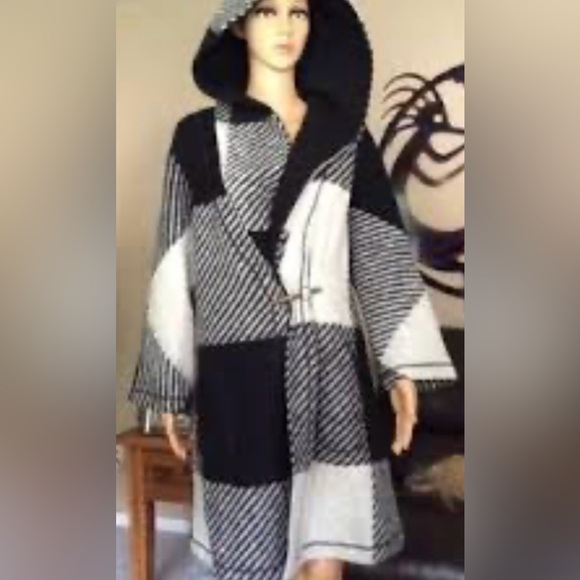 Kenar Wool Blend hooded coat jacket black white buffalo plaid large - Picture 8 of 8